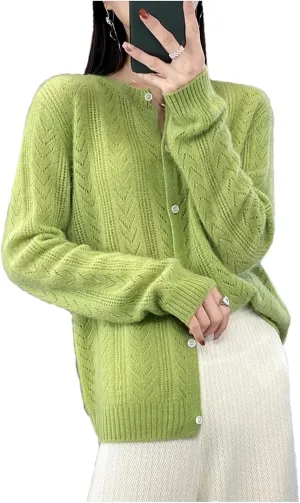 Womens Lightweight Wool Sweater Long Sleeve Button Down Crew Neck Casual Loose Knit Cardigan Coat