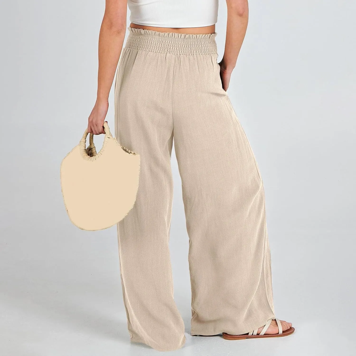 Women's Linen Blend Summer Lightweigt Palazzo Lounge Pants High Waist Straight Slim Fit Palazzo Pants Vacation