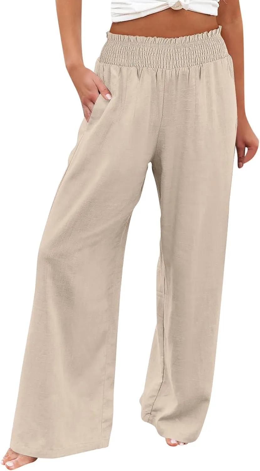 Women's Linen Blend Summer Lightweigt Palazzo Lounge Pants High Waist Straight Slim Fit Palazzo Pants Vacation