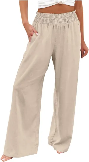 Women's Linen Blend Summer Lightweigt Palazzo Lounge Pants High Waist Straight Slim Fit Palazzo Pants Vacation