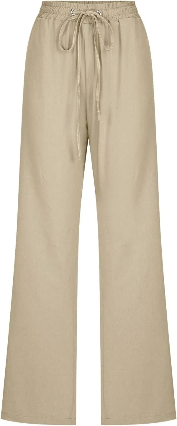 Women's Linen Blend Summer Printed Palazzo Pants Elastic Waist Bootcut Plus Size Palazzo Lounge Pants Beach