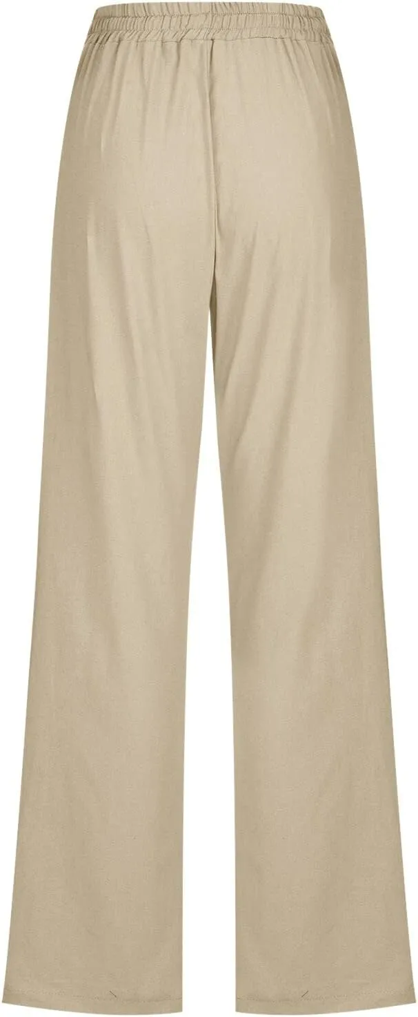 Women's Linen Blend Summer Printed Palazzo Pants Elastic Waist Bootcut Plus Size Palazzo Lounge Pants Beach