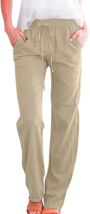 Women's Linen Blend Summer Printed Palazzo Pants Elastic Waist Bootcut Plus Size Palazzo Lounge Pants Beach