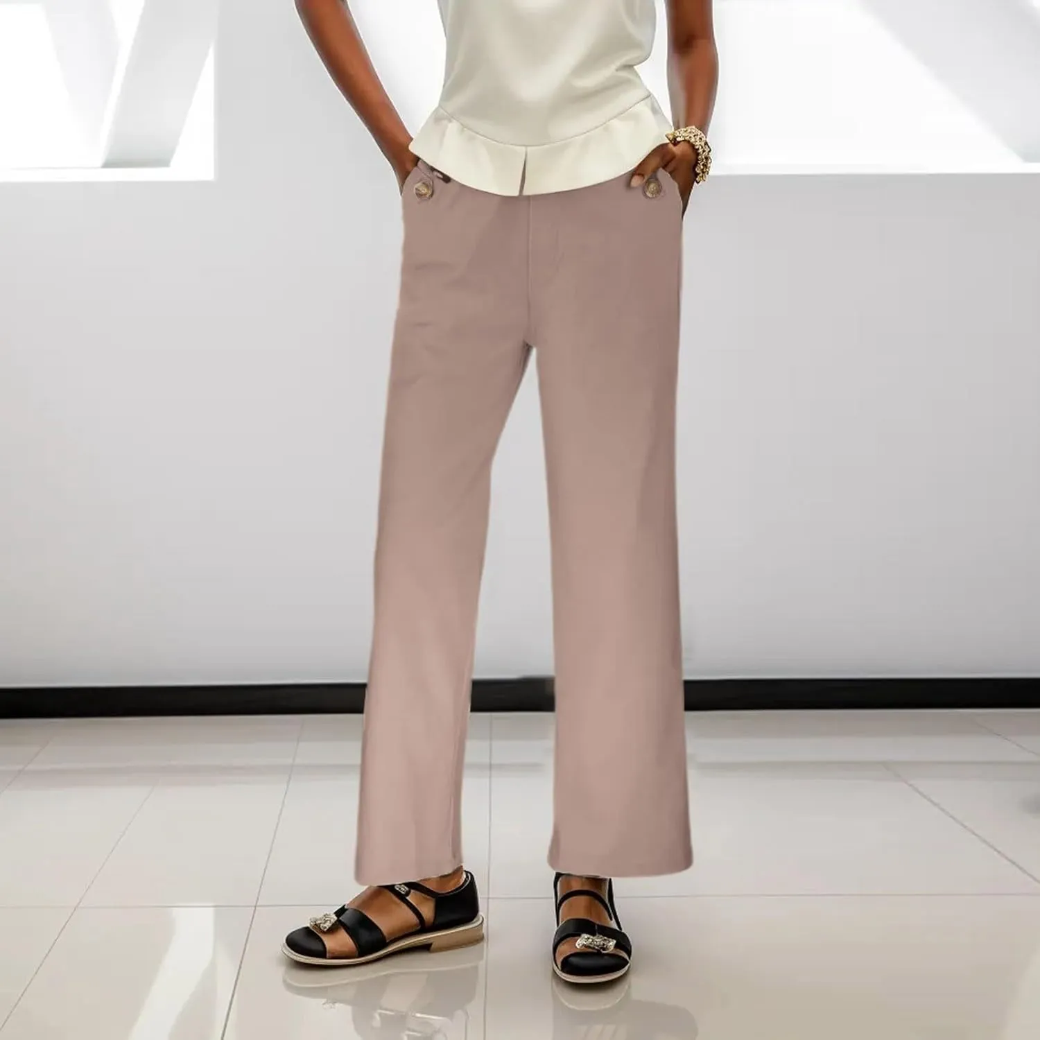 Women's Linen Blend Summer Y2K Streetwear Pants Elastic Waisted Straight Plus Size Palazzo Pants Work Business