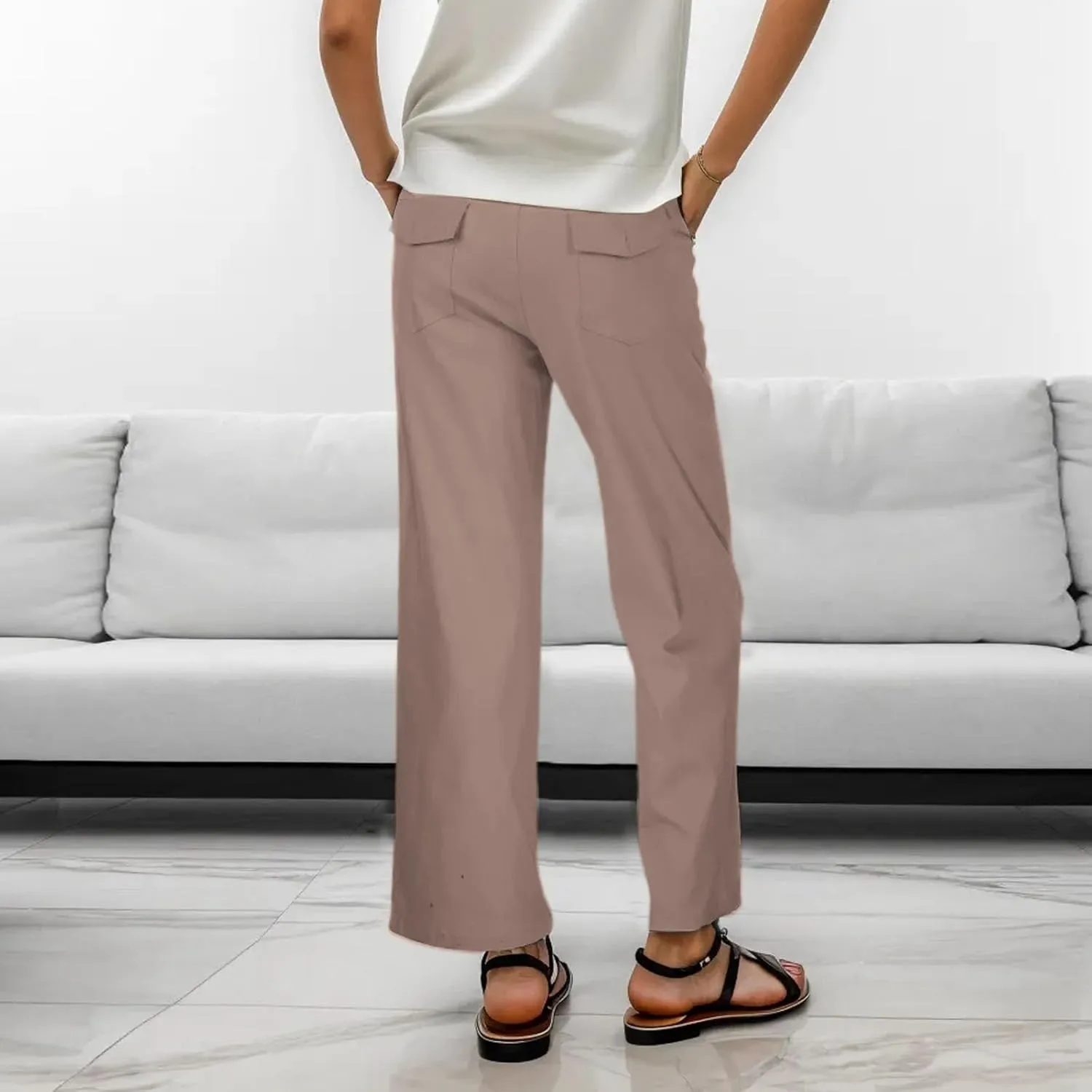 Women's Linen Blend Summer Y2K Streetwear Pants Elastic Waisted Straight Plus Size Palazzo Pants Work Business