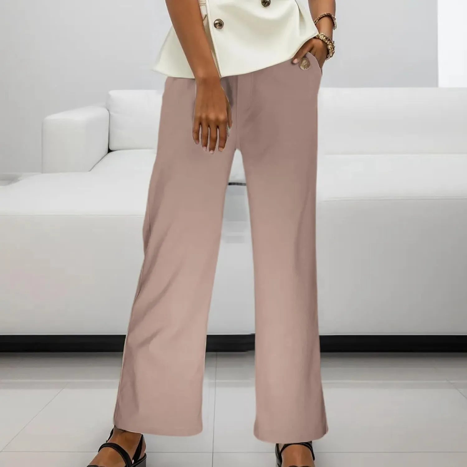 Women's Linen Blend Summer Y2K Streetwear Pants Elastic Waisted Straight Plus Size Palazzo Pants Work Business