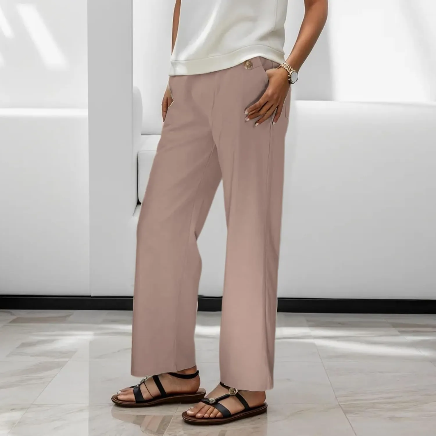 Women's Linen Blend Summer Y2K Streetwear Pants Elastic Waisted Straight Plus Size Palazzo Pants Work Business