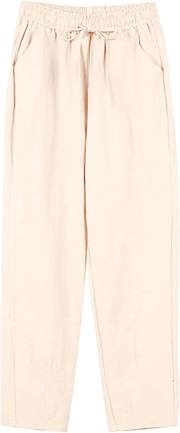 Women's Linen Capris Drawstring High Waisted Wide Leg Casual Beach Pants Summer Lounge Cropped Trousers with Pockets