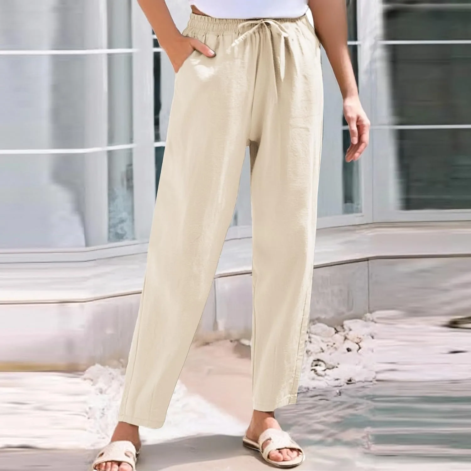 Women's Linen Capris Drawstring High Waisted Wide Leg Casual Beach Pants Summer Lounge Cropped Trousers with Pockets