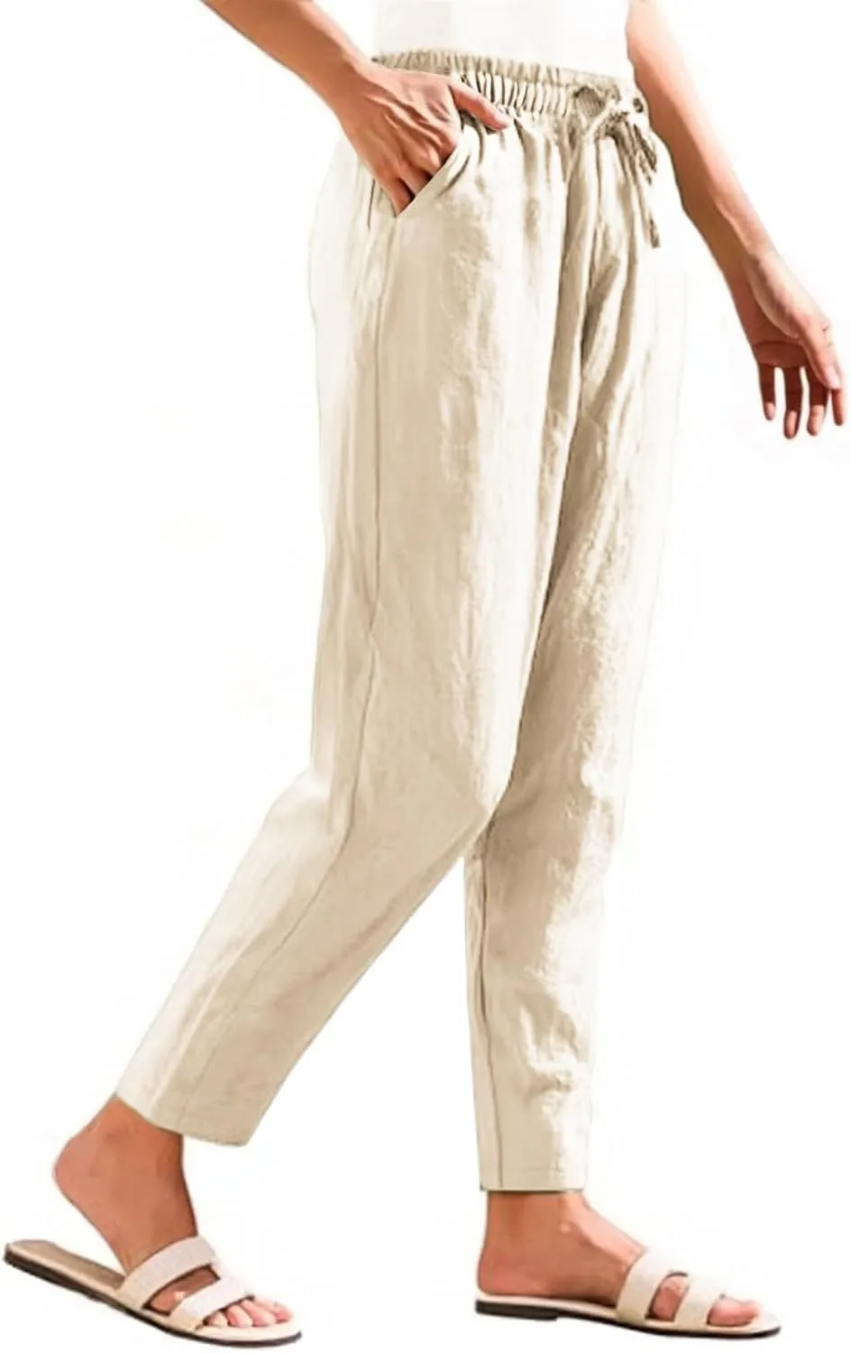 Women's Linen Capris Drawstring High Waisted Wide Leg Casual Beach Pants Summer Lounge Cropped Trousers with Pockets