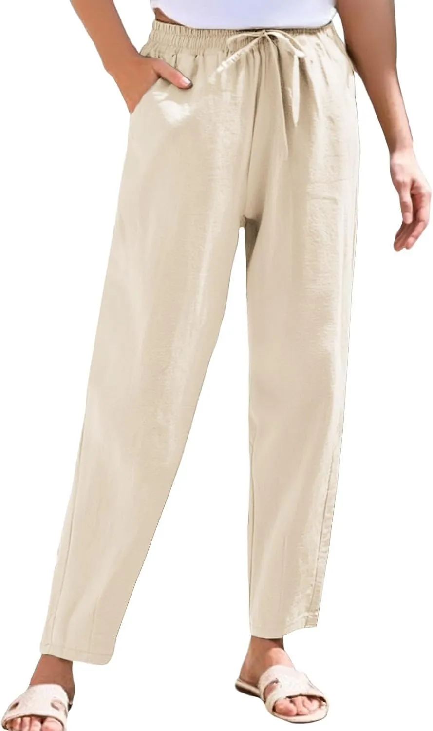 Women's Linen Capris Drawstring High Waisted Wide Leg Casual Beach Pants Summer Lounge Cropped Trousers with Pockets