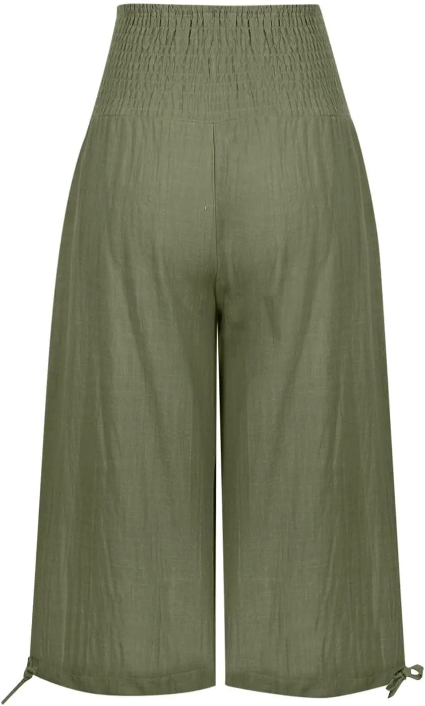 Women's Linen Palazzo Capris Loose 2025 Wide Leg Elastic High Waisted Straight Leg Pant Pocketed Flared Trousers