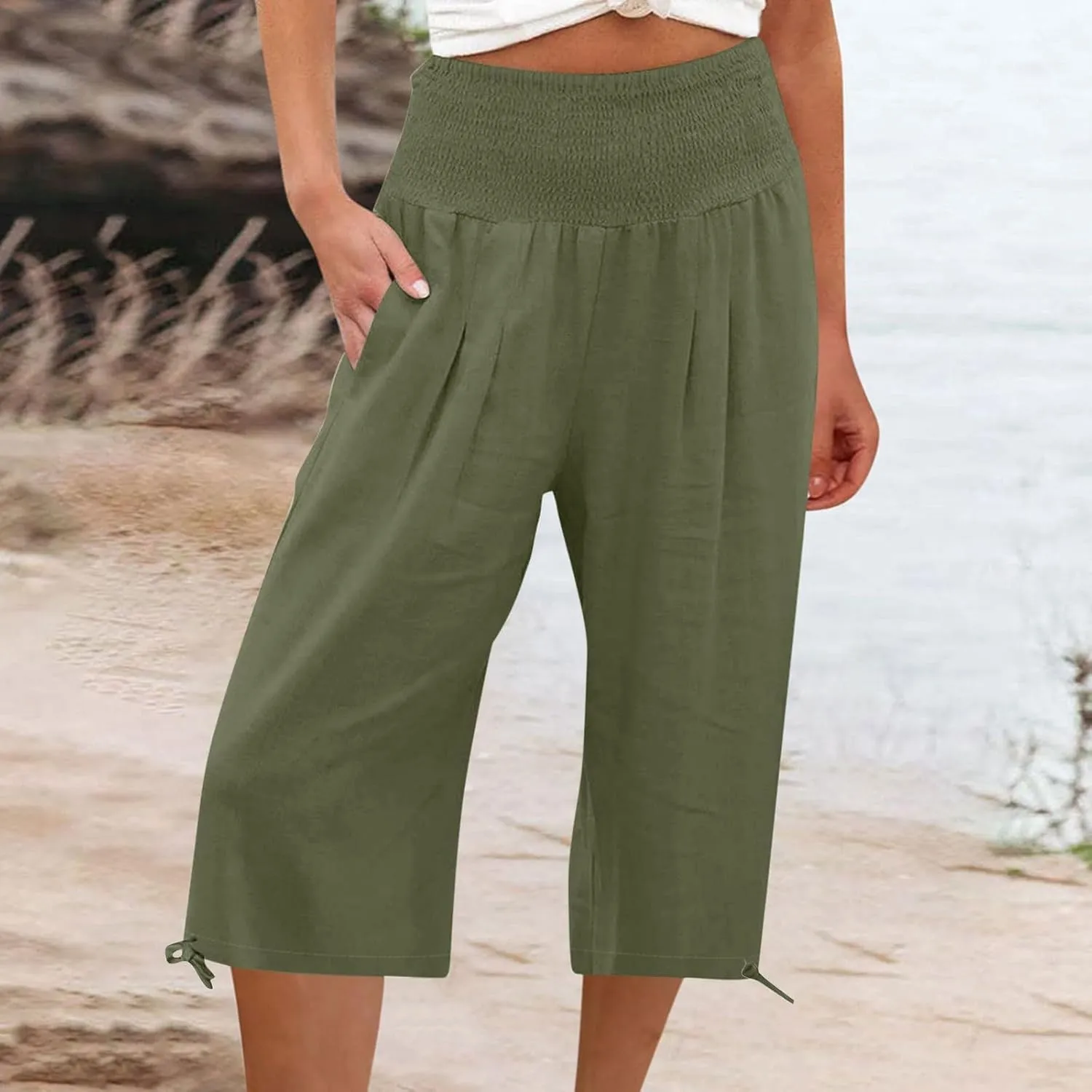Women's Linen Palazzo Capris Loose 2025 Wide Leg Elastic High Waisted Straight Leg Pant Pocketed Flared Trousers