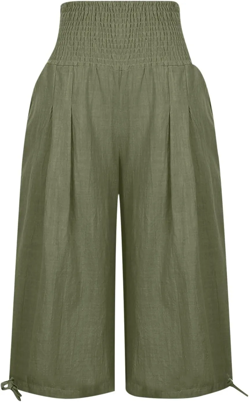 Women's Linen Palazzo Capris Loose 2025 Wide Leg Elastic High Waisted Straight Leg Pant Pocketed Flared Trousers