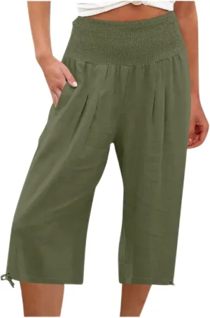 Women's Linen Palazzo Capris Loose 2025 Wide Leg Elastic High Waisted Straight Leg Pant Pocketed Flared Trousers