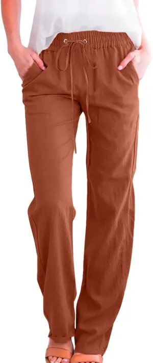 Womens Linen Pants Casual Dressy High Waist Wide Leg Pants Plain Womens Palazzo Pants Straight Leg Lounge Trousers