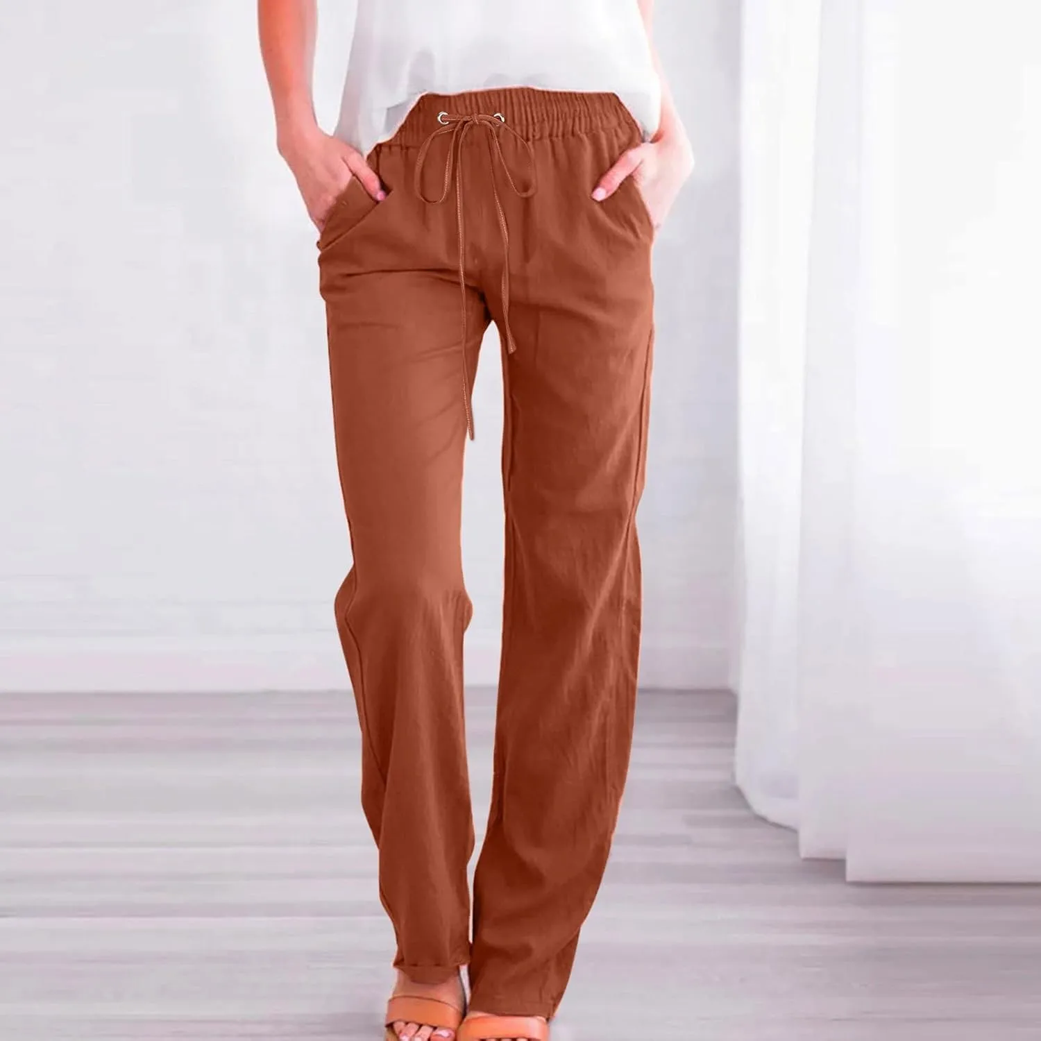 Womens Linen Pants Casual Dressy High Waist Wide Leg Pants Plain Womens Palazzo Pants Straight Leg Lounge Trousers