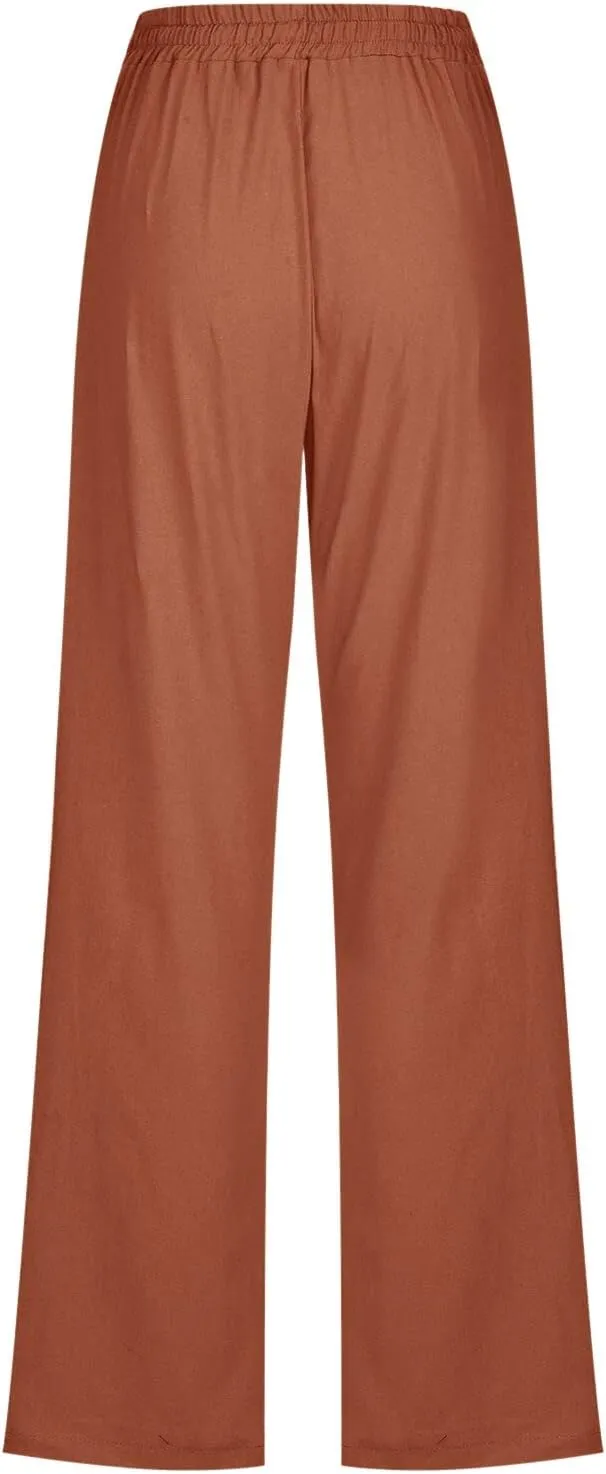 Womens Linen Pants Casual Dressy High Waist Wide Leg Pants Plain Womens Palazzo Pants Straight Leg Lounge Trousers