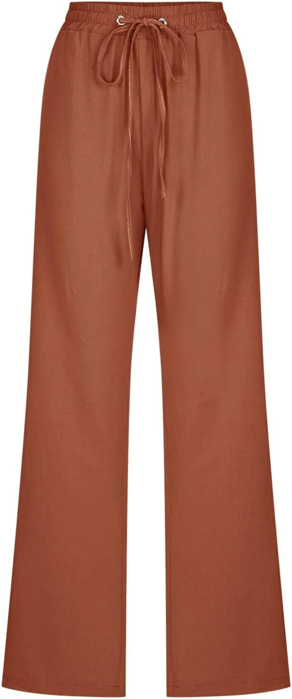 Womens Linen Pants Casual Dressy High Waist Wide Leg Pants Plain Womens Palazzo Pants Straight Leg Lounge Trousers
