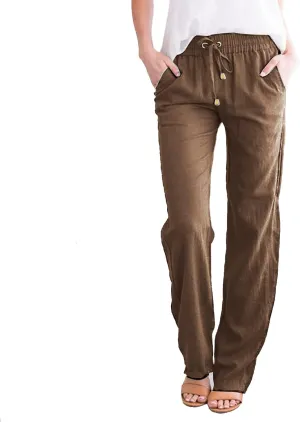 Women's Linen Pants Casual High Waist Pants Drawstring Loose Fit Summer Pants Solid Lounge Long Trousers with Side Pockets