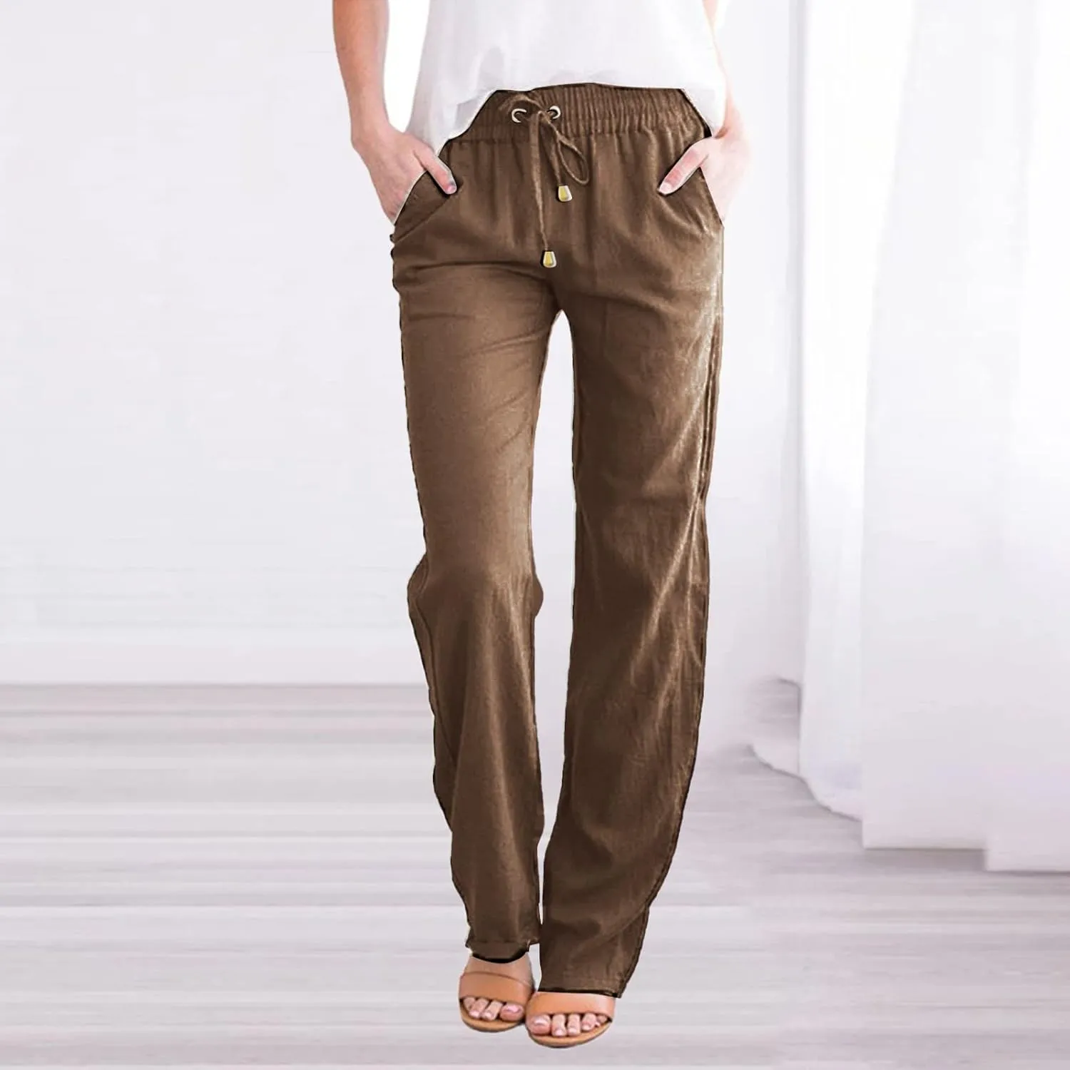 Women's Linen Pants Casual High Waist Pants Drawstring Loose Fit Summer Pants Solid Lounge Long Trousers with Side Pockets