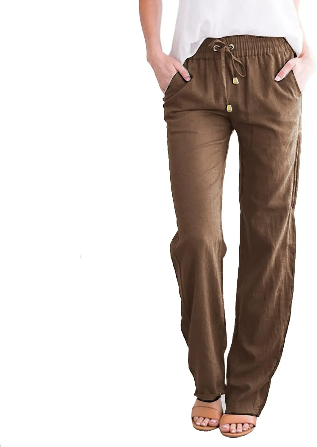 Women's Linen Pants Casual High Waist Pants Drawstring Loose Fit Summer Pants Solid Lounge Long Trousers with Side Pockets