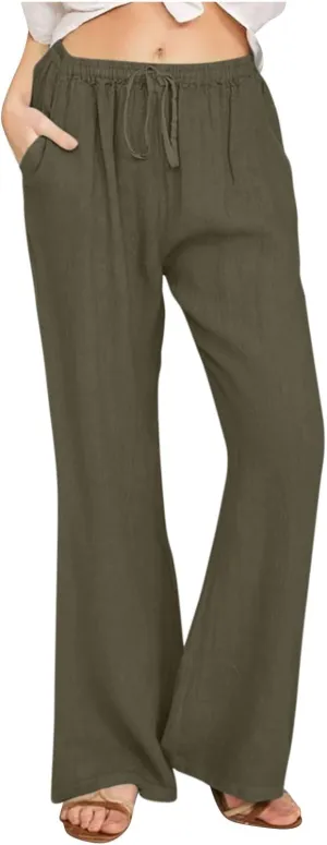 Womens Linen Pants Summer Boho Drawstring Elastic High Waist Loose Wide Leg Trousers with Pockets