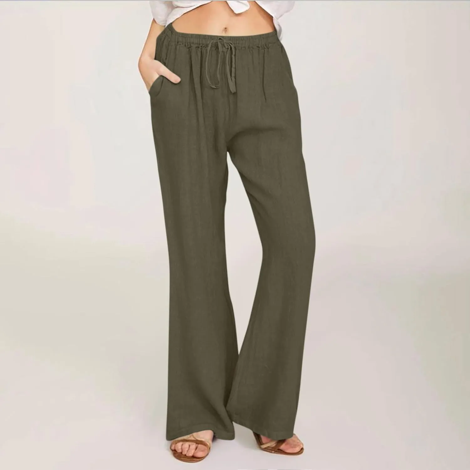 Womens Linen Pants Summer Boho Drawstring Elastic High Waist Loose Wide Leg Trousers with Pockets
