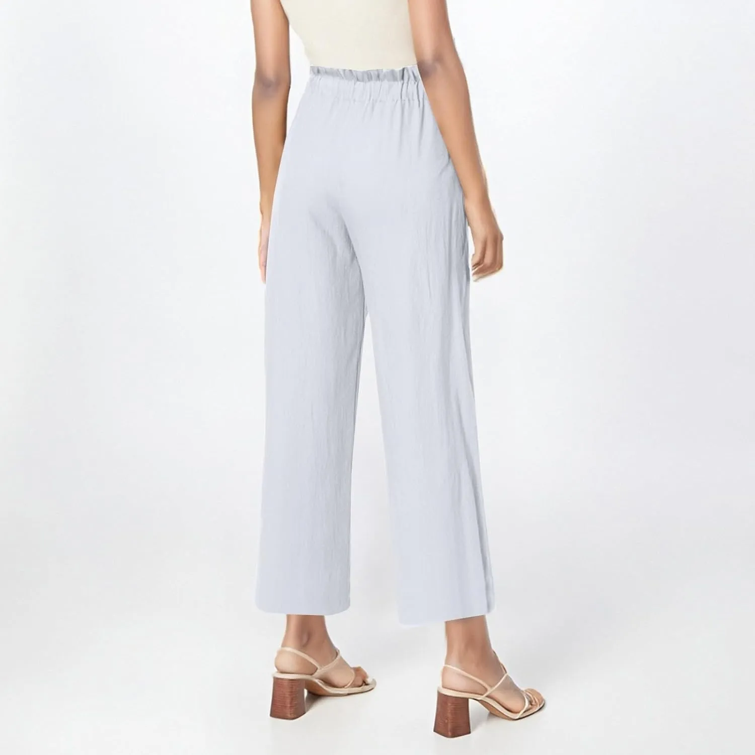 Womens Linen Pants Summer Casual High Waist Wide Leg Palazzo Pant Drawstring Lightweight Loose Beach Cropped Trousers