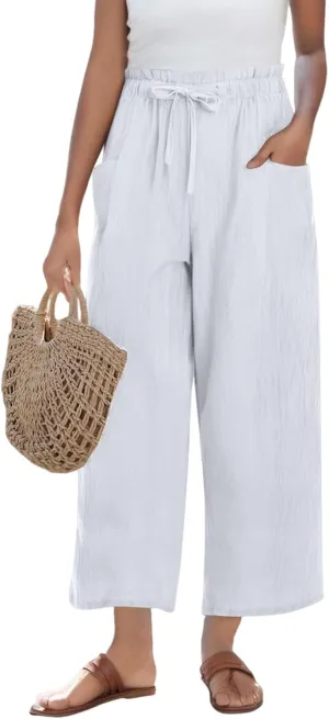 Womens Linen Pants Summer Casual High Waist Wide Leg Palazzo Pant Drawstring Lightweight Loose Beach Cropped Trousers
