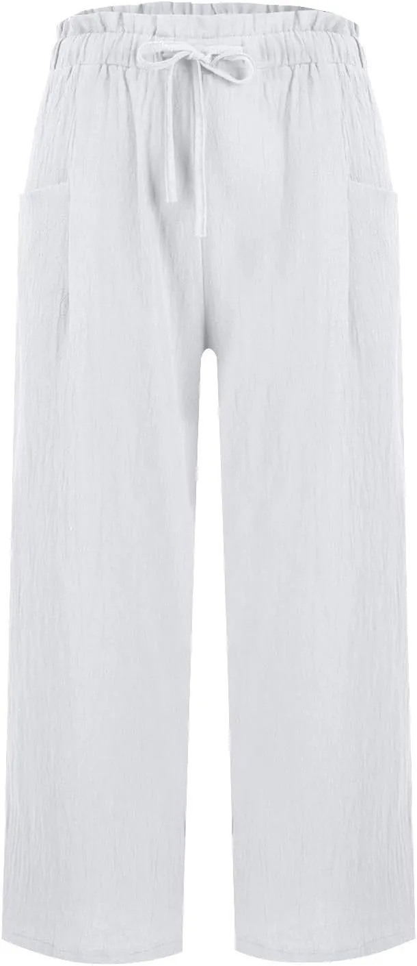 Womens Linen Pants Summer Casual High Waist Wide Leg Palazzo Pant Drawstring Lightweight Loose Beach Cropped Trousers