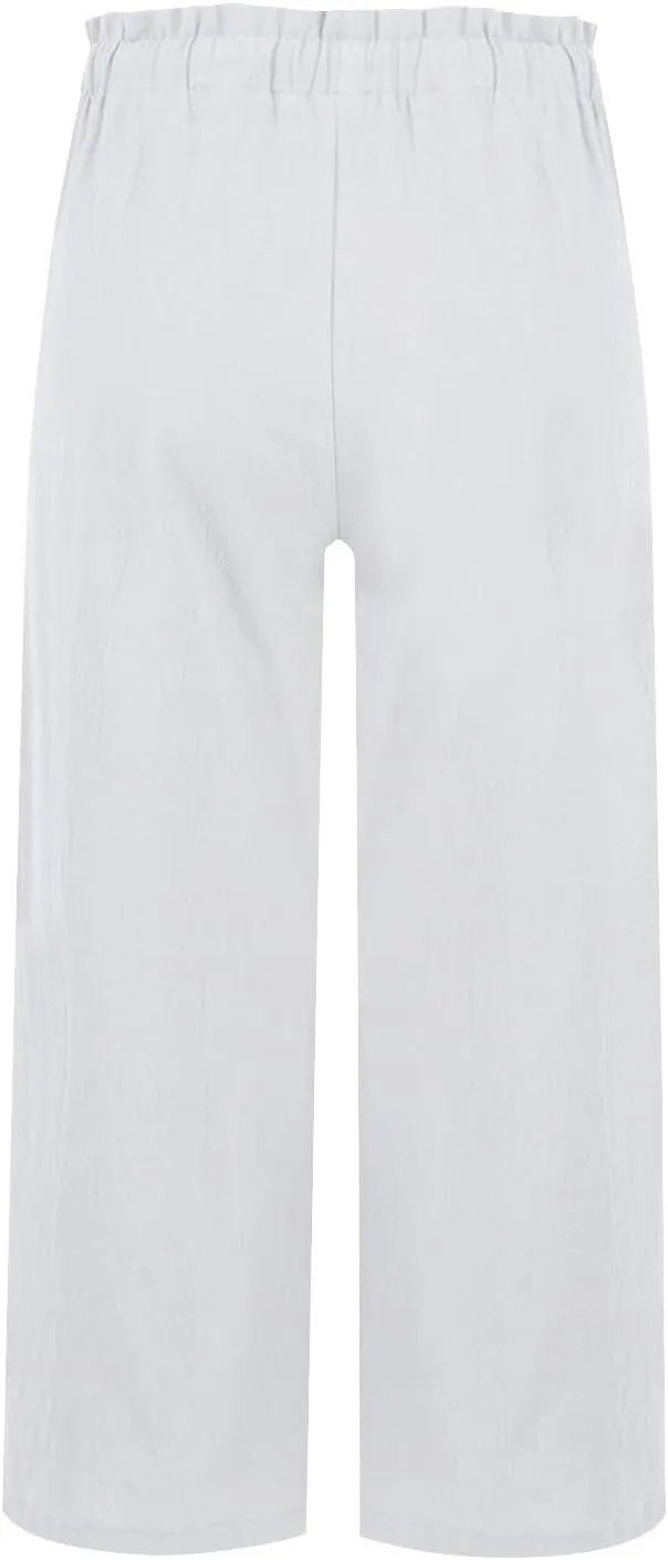 Womens Linen Pants Summer Casual High Waist Wide Leg Palazzo Pant Drawstring Lightweight Loose Beach Cropped Trousers