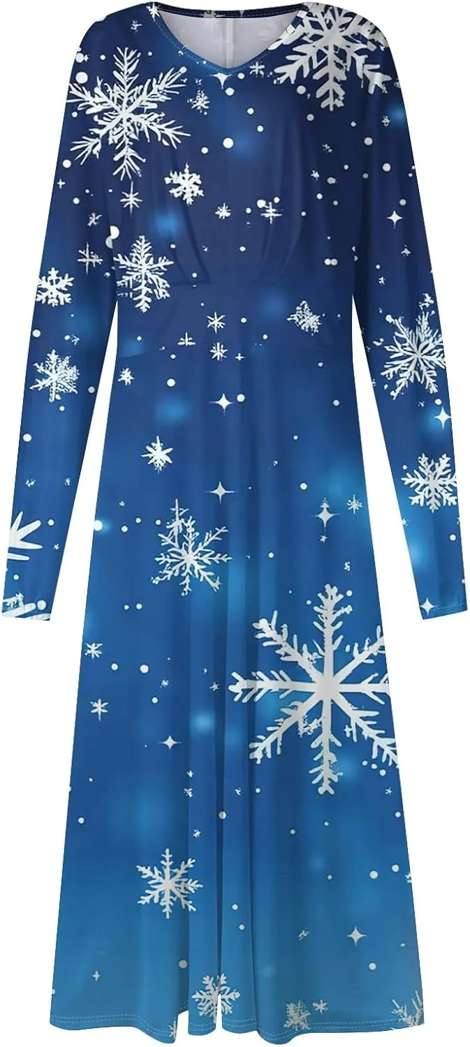 Women's Long Sleeve Dressy Dresses Casual V-Neck Fashion Midi Winter Christmas Printed Trendy Swing Dress