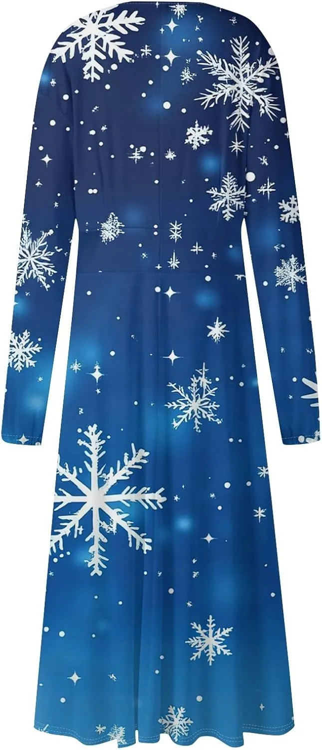 Women's Long Sleeve Dressy Dresses Casual V-Neck Fashion Midi Winter Christmas Printed Trendy Swing Dress