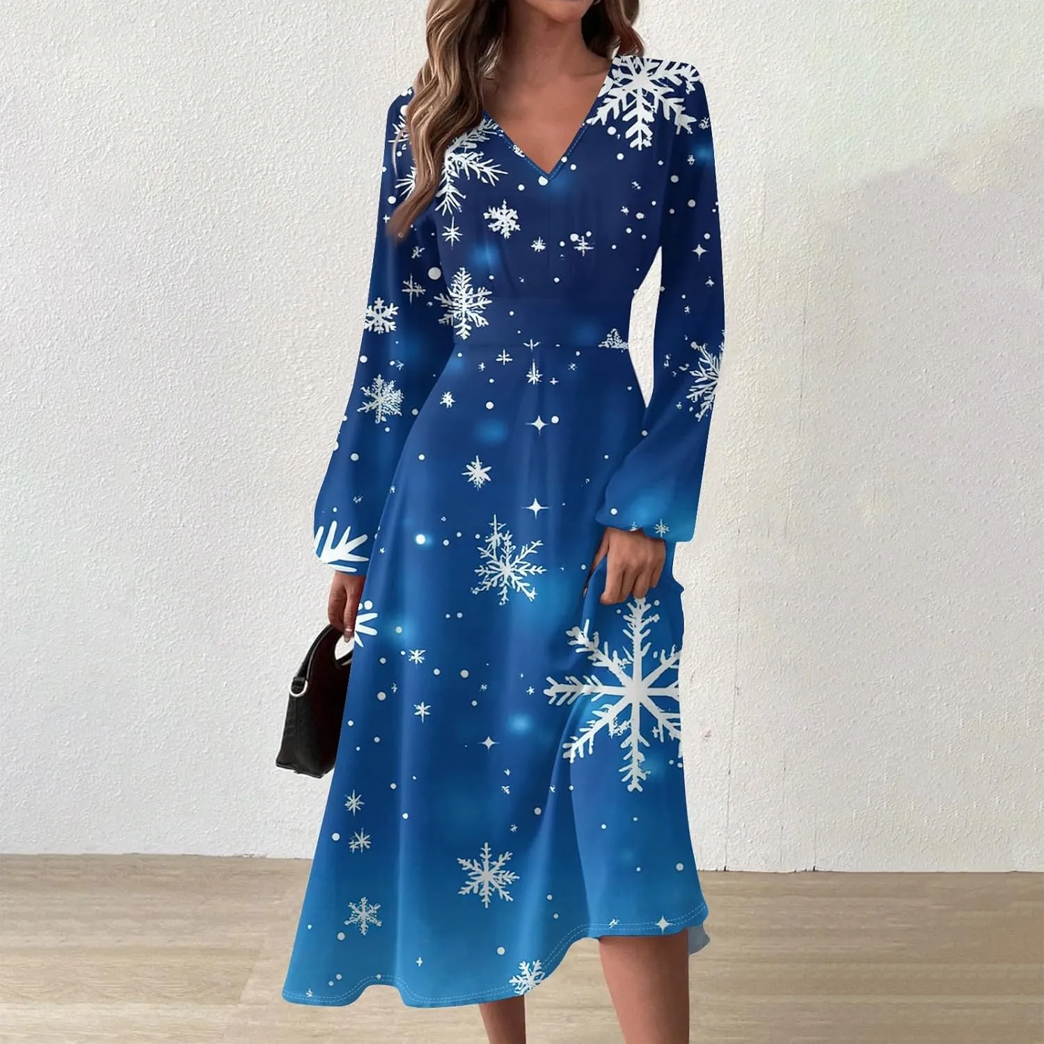 Women's Long Sleeve Dressy Dresses Casual V-Neck Fashion Midi Winter Christmas Printed Trendy Swing Dress