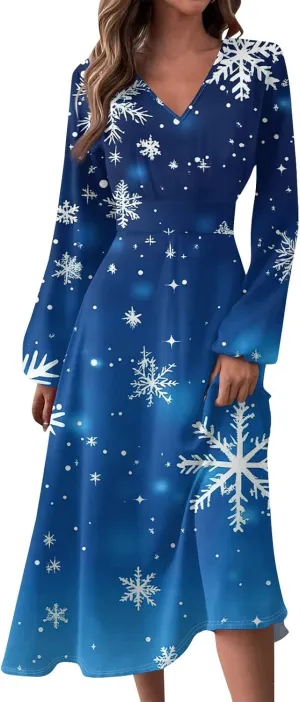 Women's Long Sleeve Dressy Dresses Casual V-Neck Fashion Midi Winter Christmas Printed Trendy Swing Dress