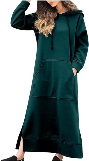 Womens Long Sleeve Hoodies Casual Maxi Length Hooded Dress with Drawstring and Pocket S-5XL