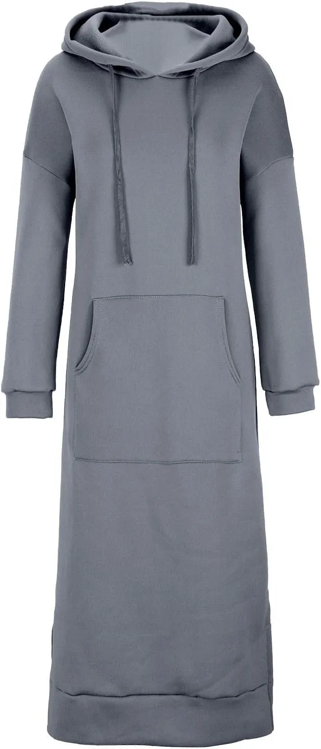 Womens Long Sleeve Hoodies Casual Maxi Length Hooded Dress with Drawstring and Pocket S-5XL