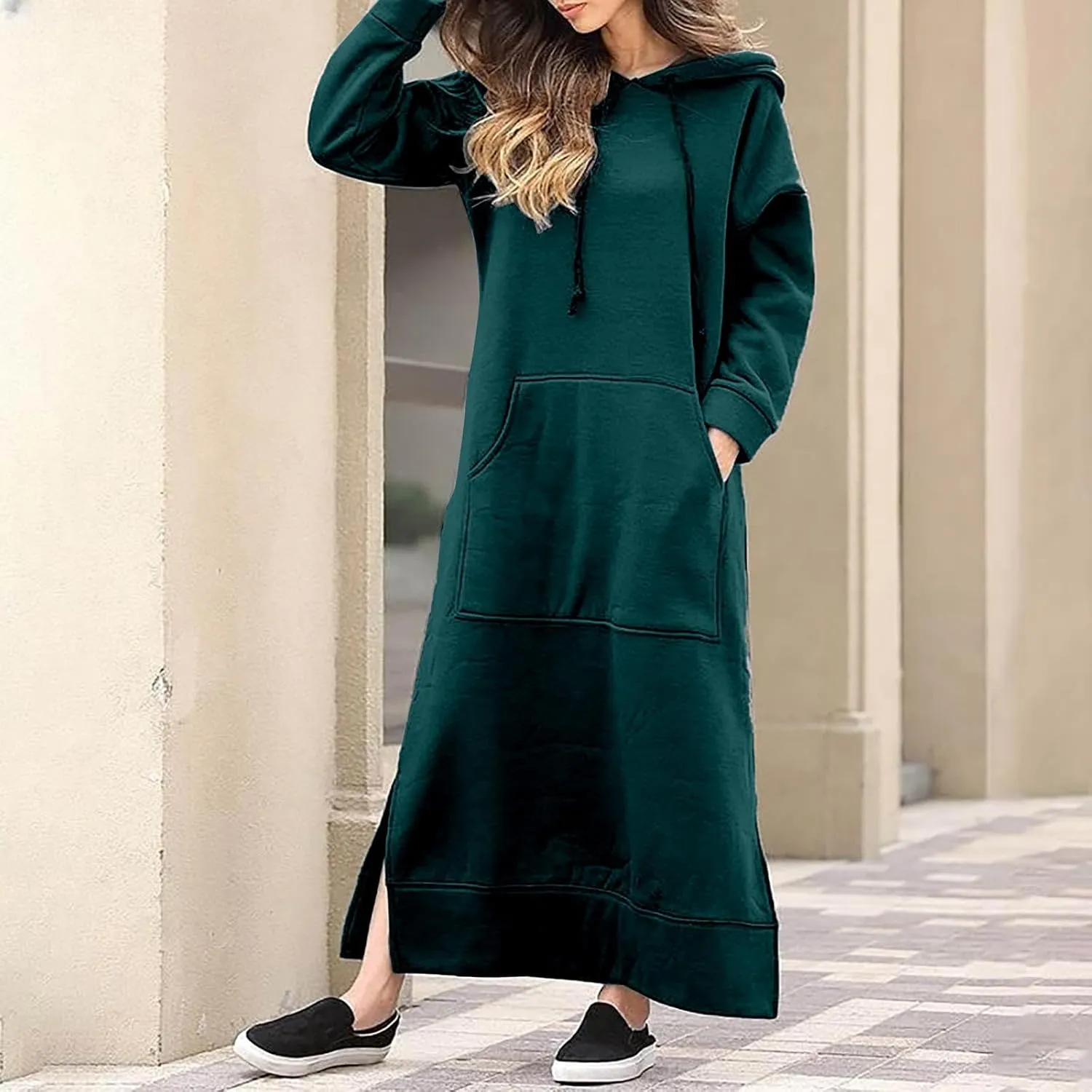 Womens Long Sleeve Hoodies Casual Maxi Length Hooded Dress with Drawstring and Pocket S-5XL