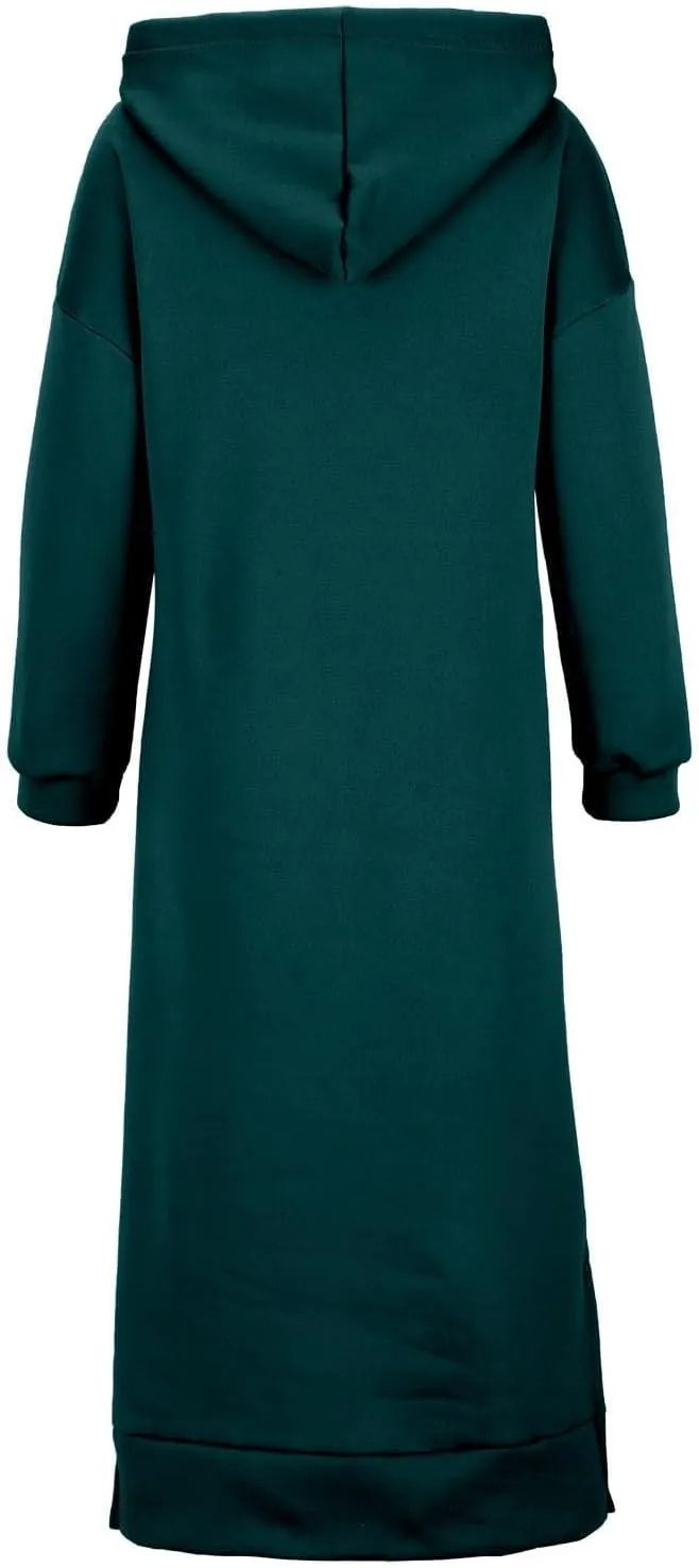 Womens Long Sleeve Hoodies Casual Maxi Length Hooded Dress with Drawstring and Pocket S-5XL