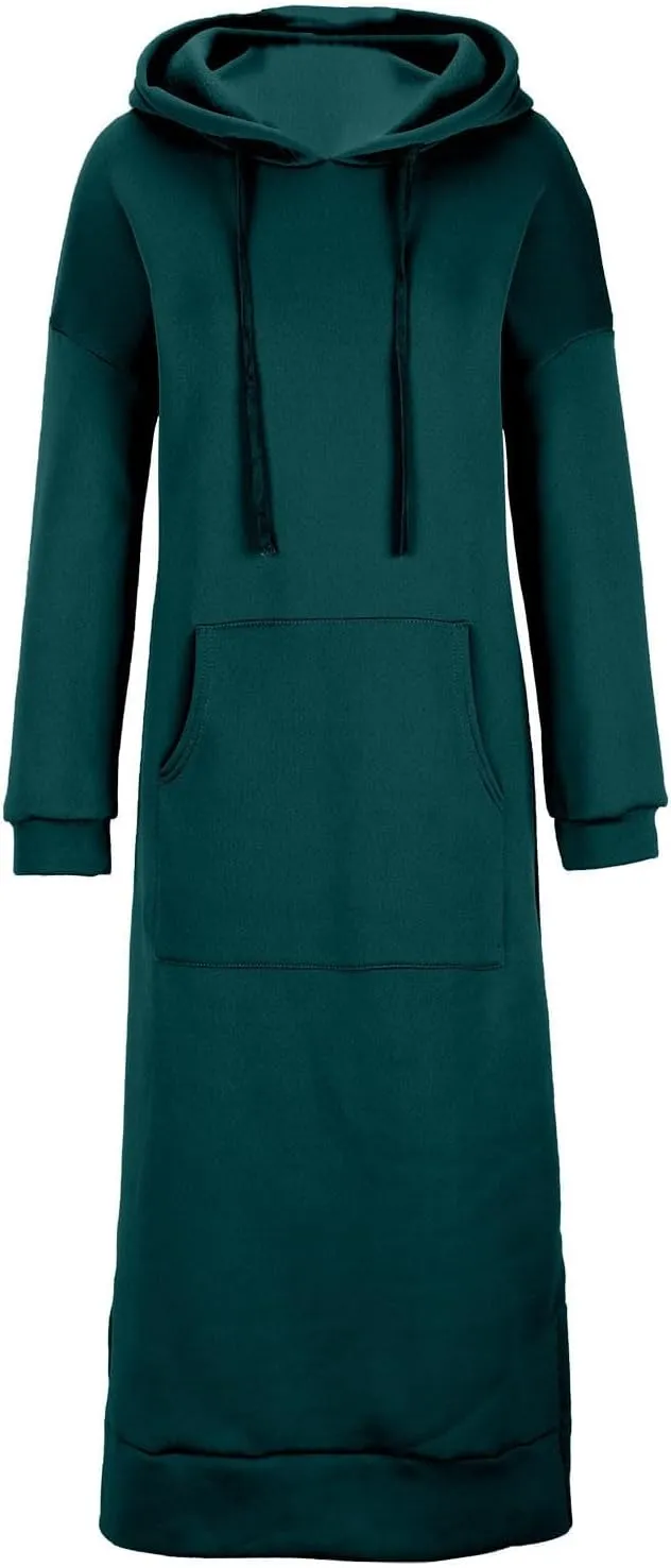 Womens Long Sleeve Hoodies Casual Maxi Length Hooded Dress with Drawstring and Pocket S-5XL