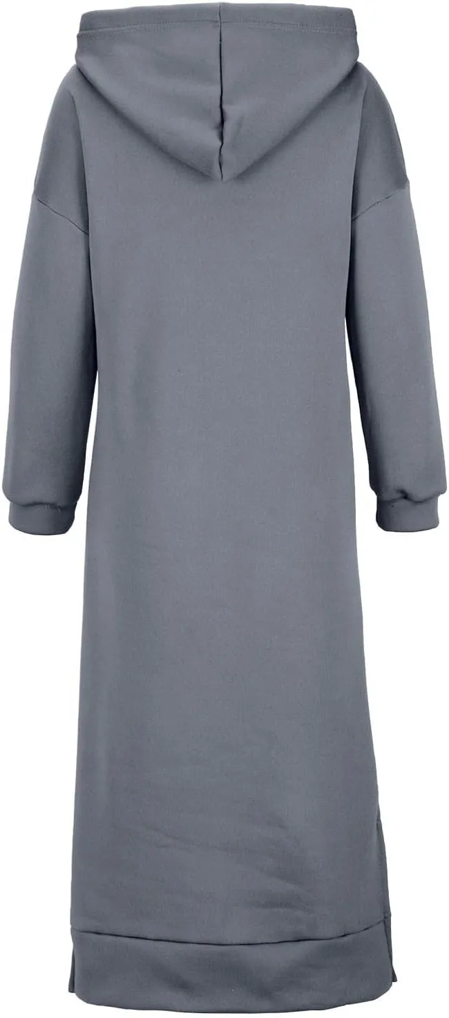 Womens Long Sleeve Hoodies Casual Maxi Length Hooded Dress with Drawstring and Pocket S-5XL