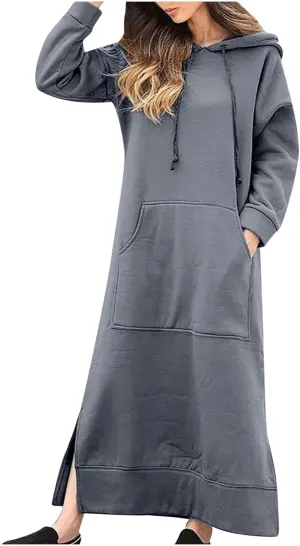 Womens Long Sleeve Hoodies Casual Maxi Length Hooded Dress with Drawstring and Pocket S-5XL