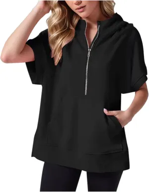 Womens Oversized Half Zip Hoodies Short Sleeve Casual Sweatshirts Pullover Tops with Pockets Loose 2024 Clothes