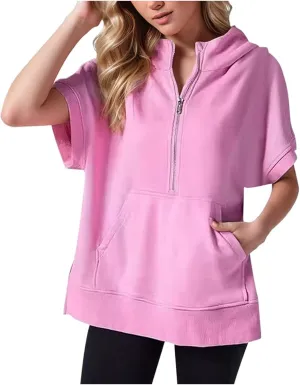 Womens Oversized Half Zip Hoodies Short Sleeve Casual Sweatshirts Pullover Tops with Pockets Loose 2024 Clothes