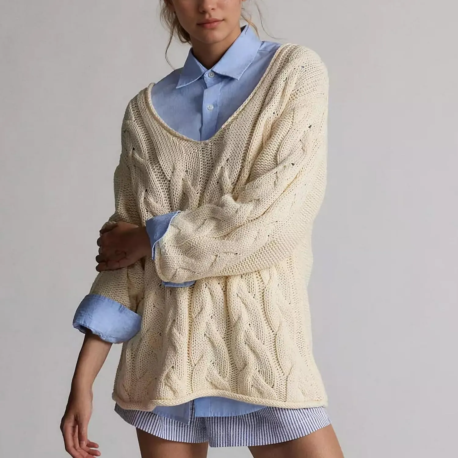 Womens Oversized Sweater Slouchy Wide V Neck Pullover Sweater Casual Long Sleeve Cable Knit Chunky Sweaters Tops
