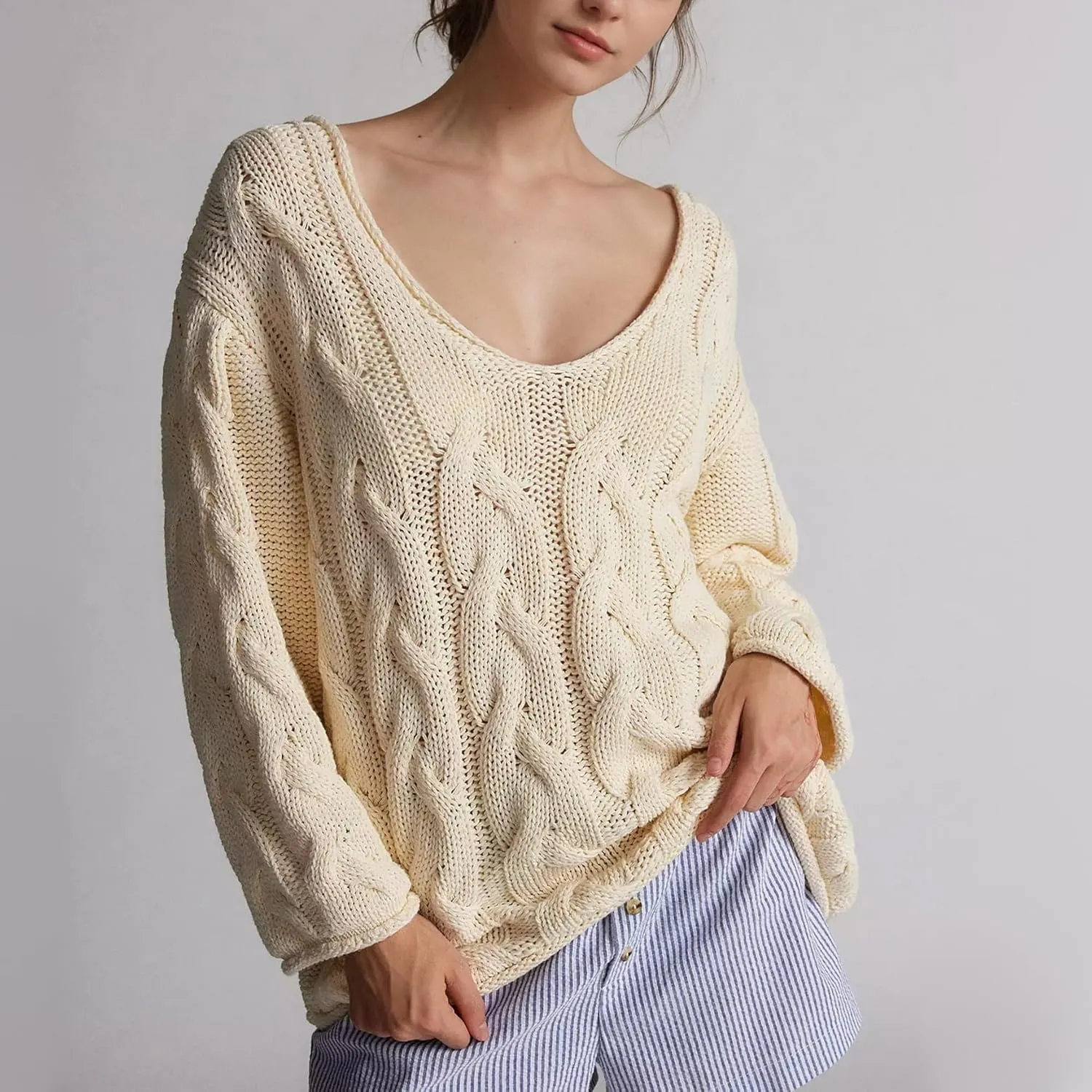 Womens Oversized Sweater Slouchy Wide V Neck Pullover Sweater Casual Long Sleeve Cable Knit Chunky Sweaters Tops