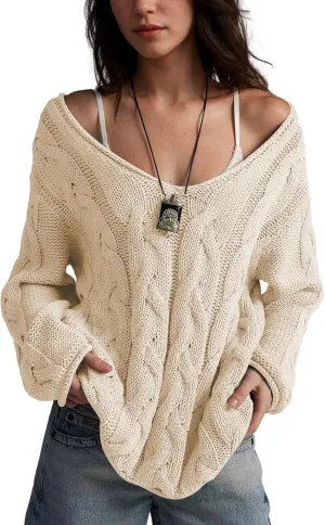 Womens Oversized Sweater Slouchy Wide V Neck Pullover Sweater Casual Long Sleeve Cable Knit Chunky Sweaters Tops