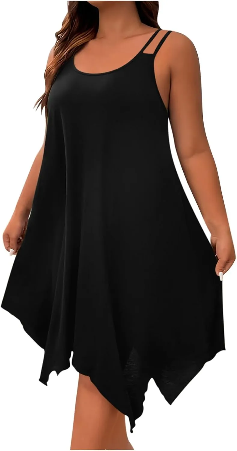 Women's Plus Size Cami Dresses Sleeveless Irregular Hem Flowy Midi A-Line Dress Summer Soft Comfy Casual Beach Dress