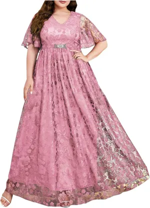 Womens Plus Size Floral Lace Short Sleeve Dress Cocktail Party Flowy Long Dresses V Neck Casual Loose Swing Maxi Dress
